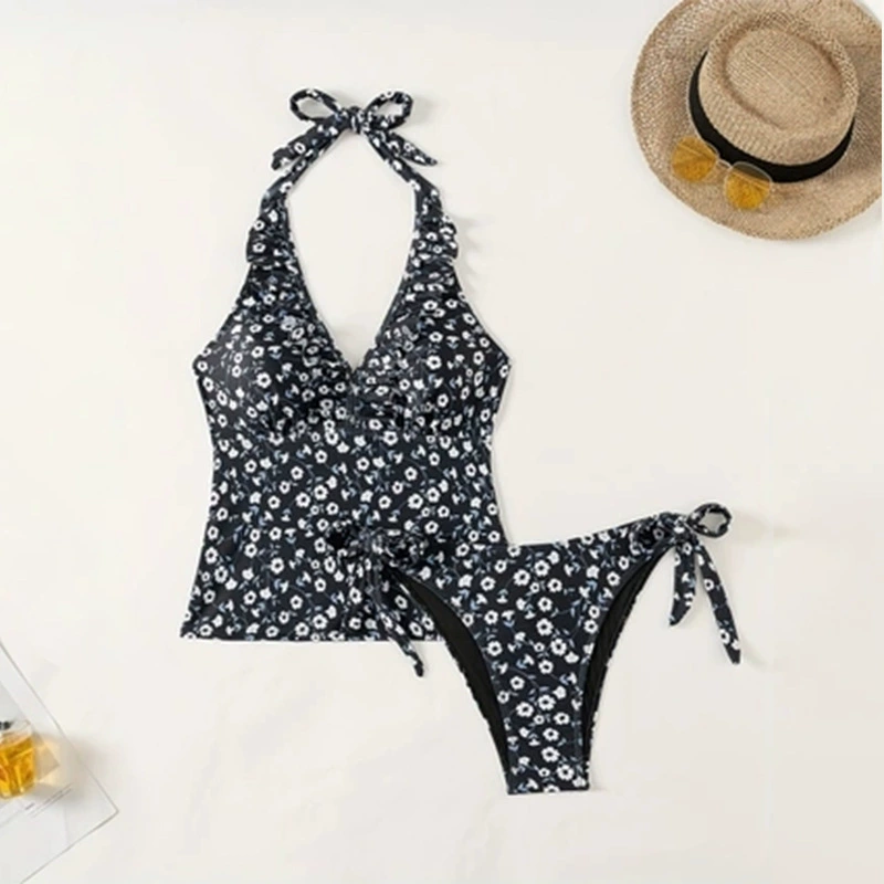 Women’s V-Neck Ruffle Halter Tankini Set with Tie-Side Bottoms