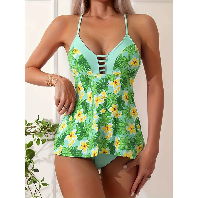 Women’s Strappy V-Neck Tankini Two-Piece Swimsuit Set