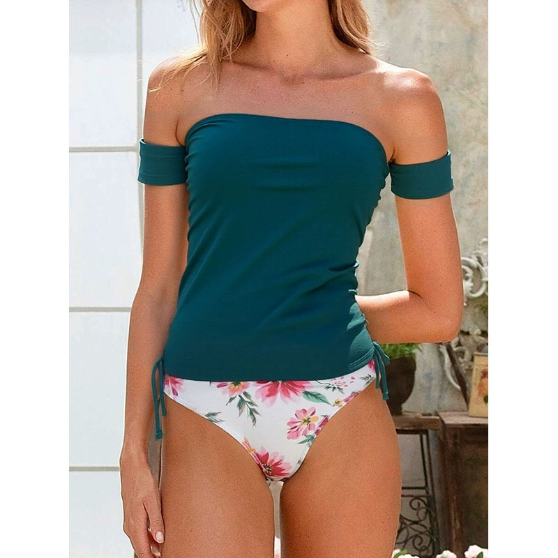 Women Off-Shoulder Bandeau Two Piece Tankini Swimsuit Set