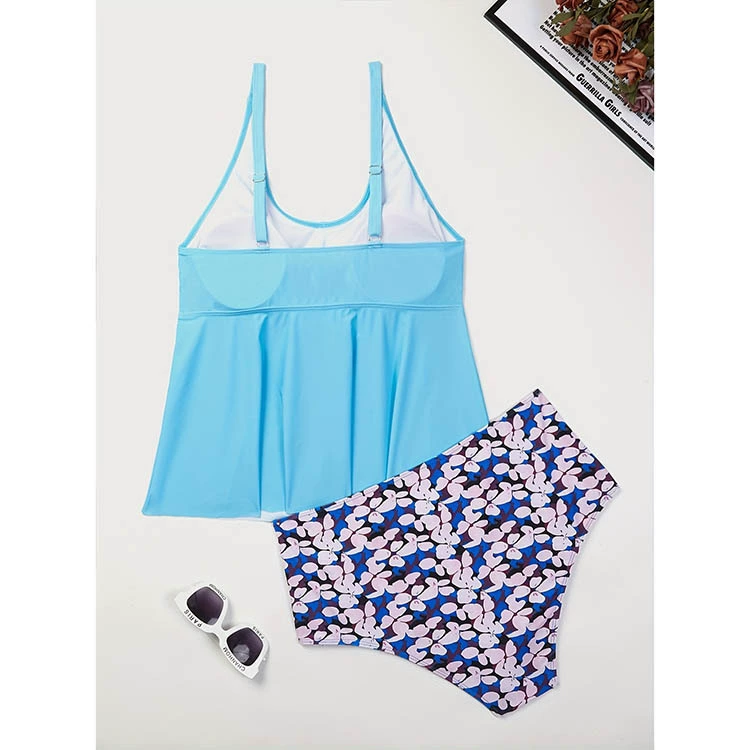 Women’s Adjustable Strap Ruched Tankini Set with High Waist Bottoms