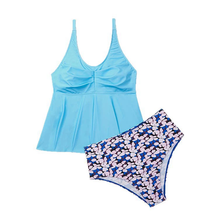 Women's Adjustable Strap Ruched Tankini Set with High Waist Bottoms view 5
