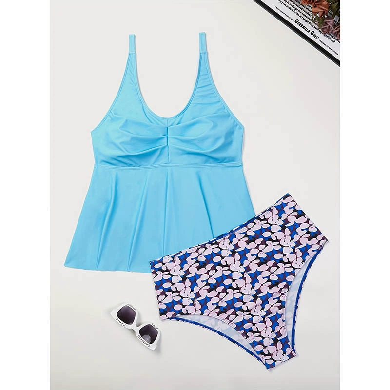 Women's Adjustable Strap Ruched Tankini Set with High Waist Bottoms view 6