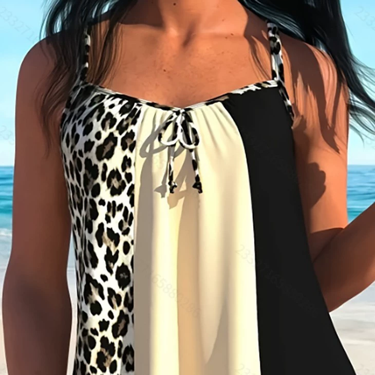 Flowy Spaghetti Strap Tankini Set with Front Tie and Skirted Bottom