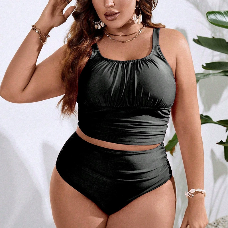 Plus Size Ruched Tankini Swimsuit Set with High Waist Briefs
