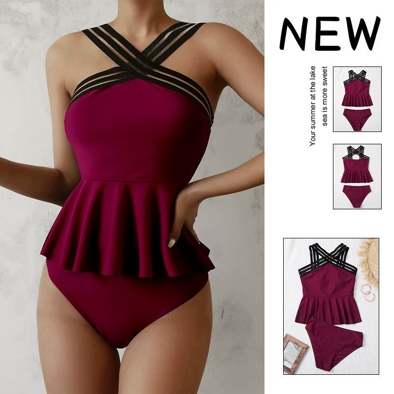 Two-Piece Tankini Swimsuit with Crisscross Straps and Ruffle Hem