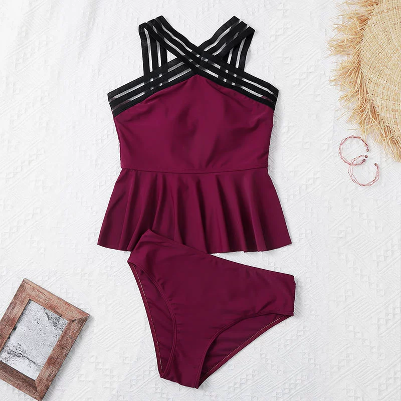 Two-Piece Tankini Swimsuit with Crisscross Straps and Ruffle Hem