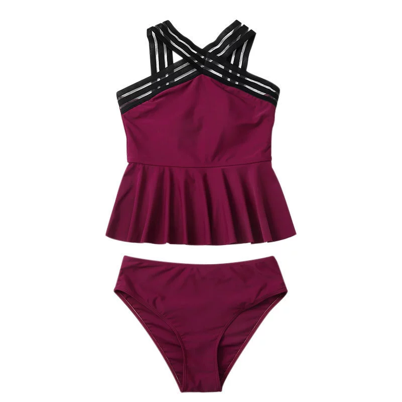 Two-Piece Tankini Swimsuit with Crisscross Straps and Ruffle Hem view 5