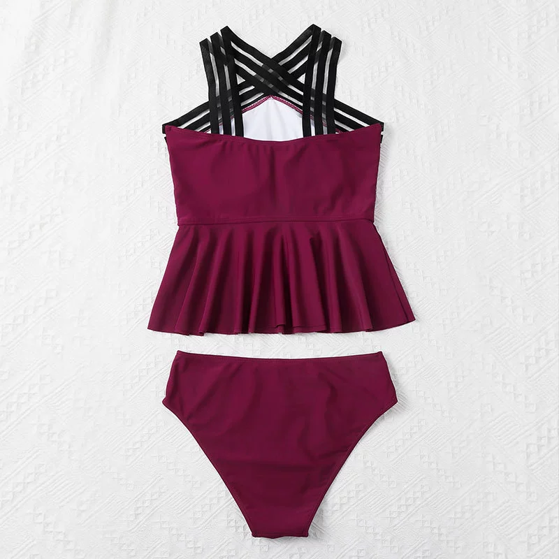 Two-Piece Tankini Swimsuit with Crisscross Straps and Ruffle Hem view 6