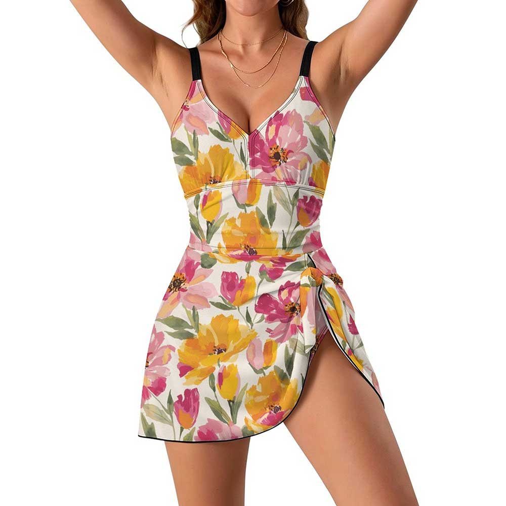 Custom V-Neck Ruched Skirted One-Piece Swimsuit