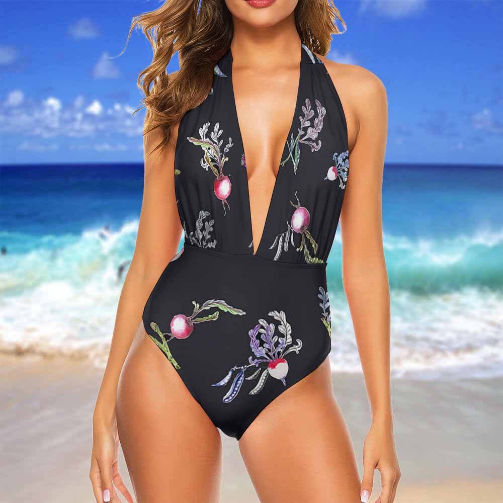 Custom Halter-Neck Deep V-Neck One-Piece Swimsuit — image 8