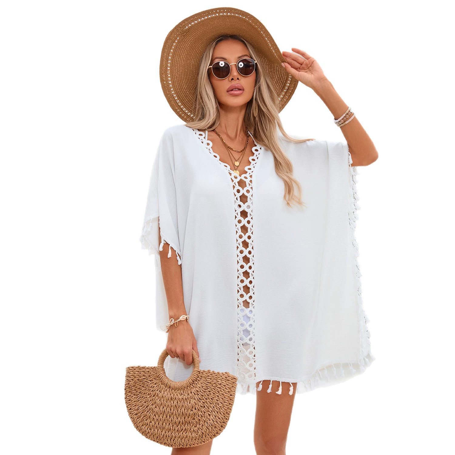 V-Neck Tassel Trim Beach Cover-Up view 5