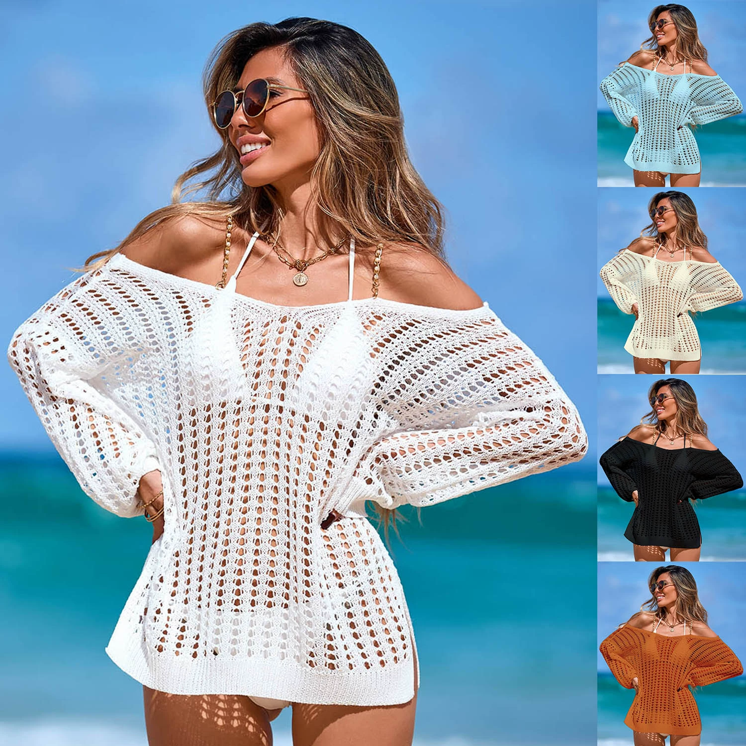 Long-Sleeve Crochet Off-Shoulder Cover-Up
