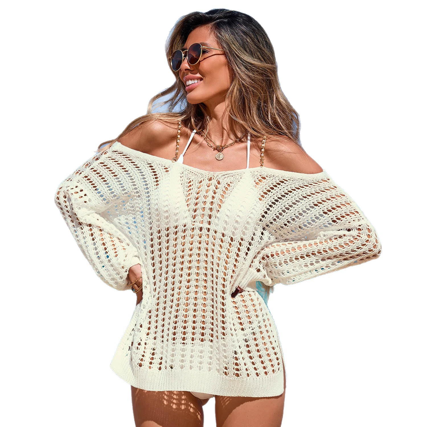 Long-Sleeve Crochet Off-Shoulder Cover-Up view 5