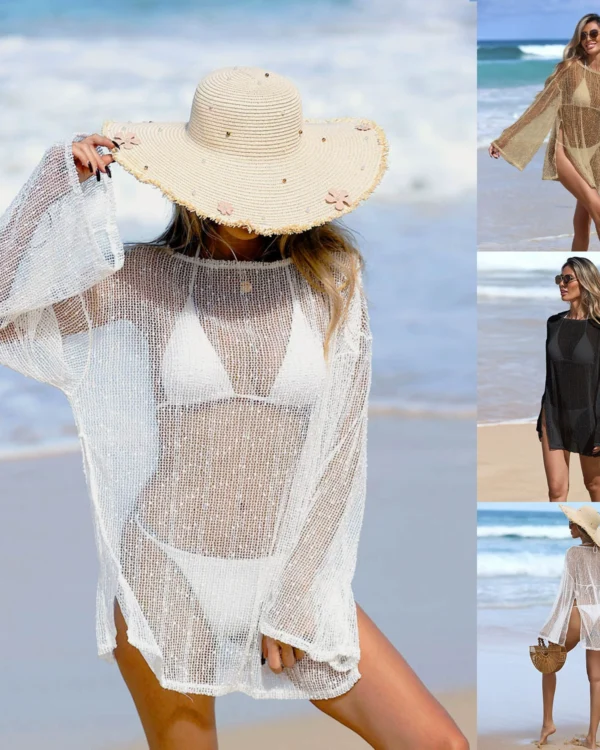 Túnica de playa semitransparente de manga larga y cuello redondo