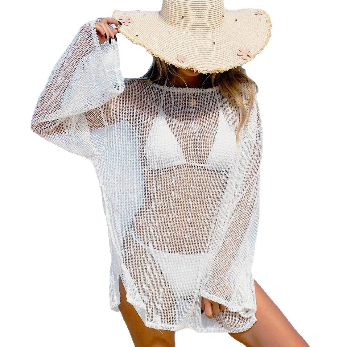 Round Neck Long Sleeve Semi-Sheer Cover Up view 5