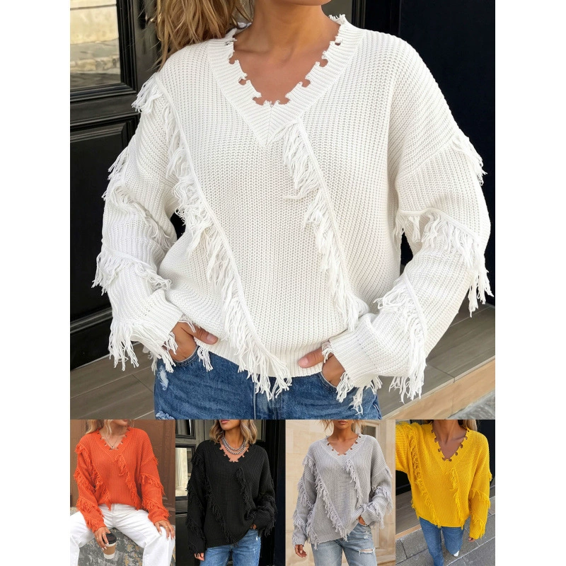 Fringed V-Neck Loose Knit Sweater