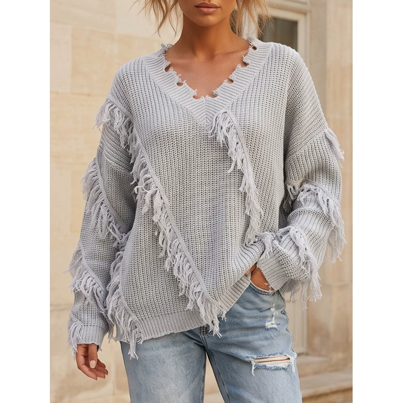 Fringed V-Neck Loose Knit Sweater