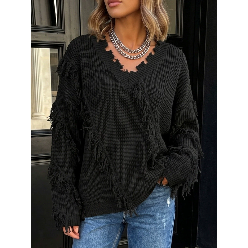 Fringed V-Neck Loose Knit Sweater view 3