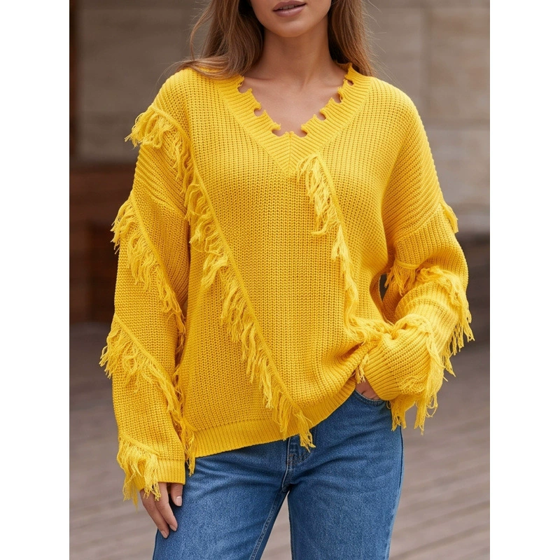 Fringed V-Neck Loose Knit Sweater view 4
