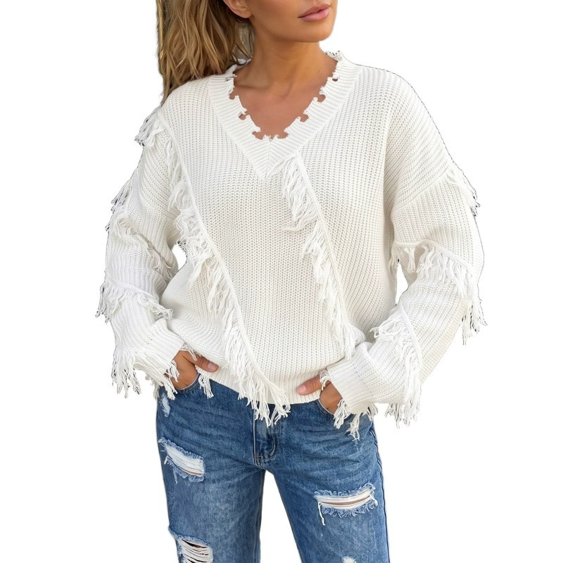 Fringed V-Neck Loose Knit Sweater view 5