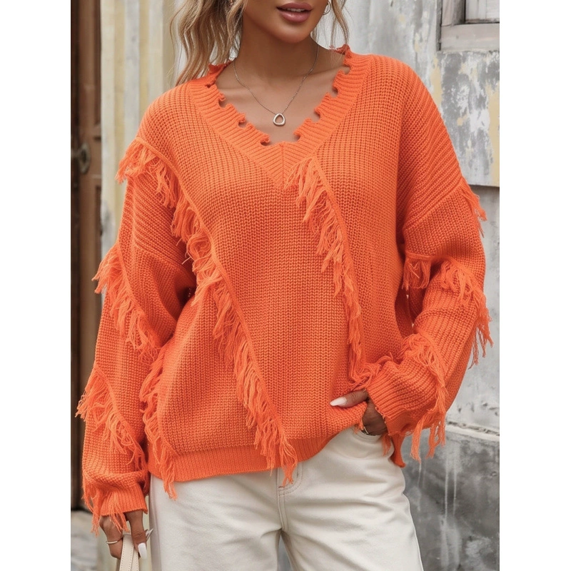 Fringed V-Neck Loose Knit Sweater view 6