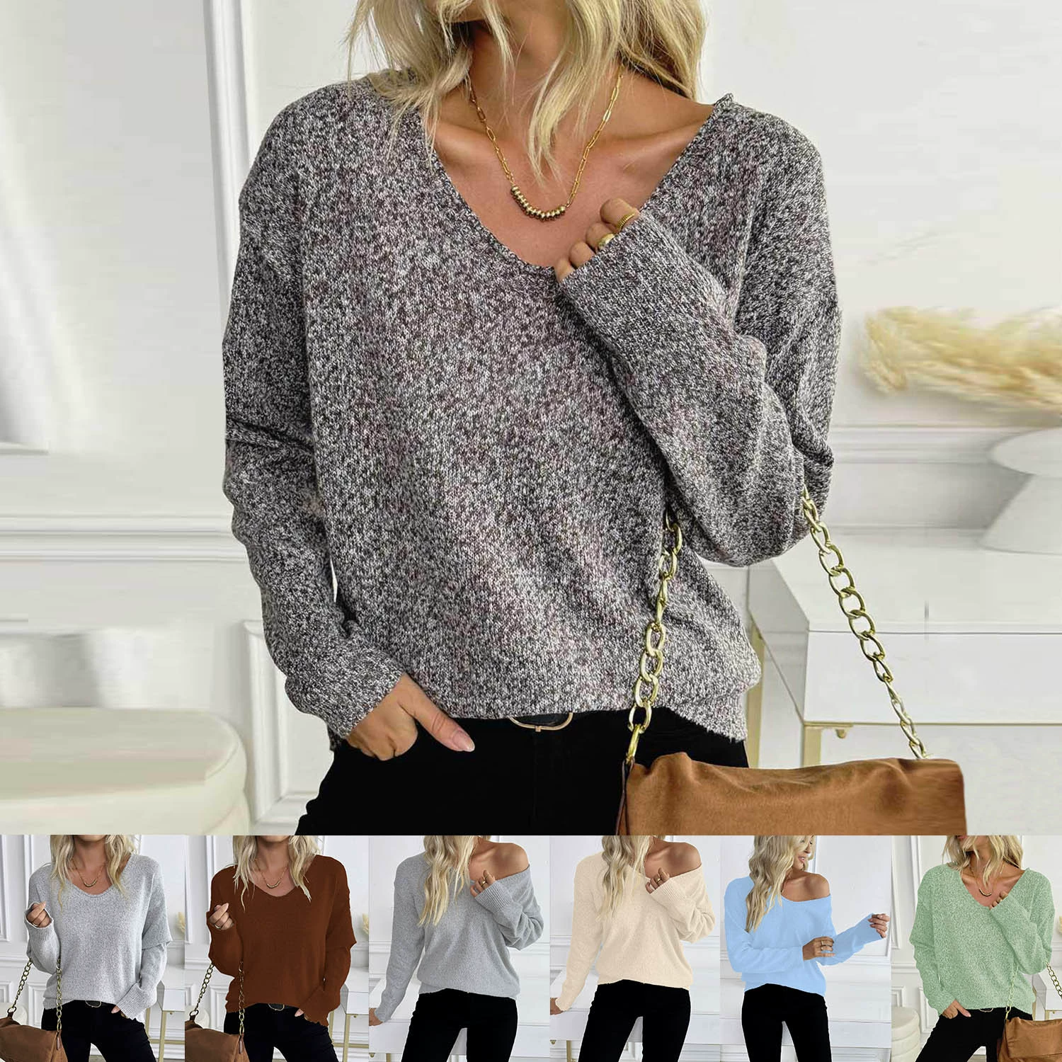 Women’s V-Neck Long Sleeve Knit Pullover Sweater