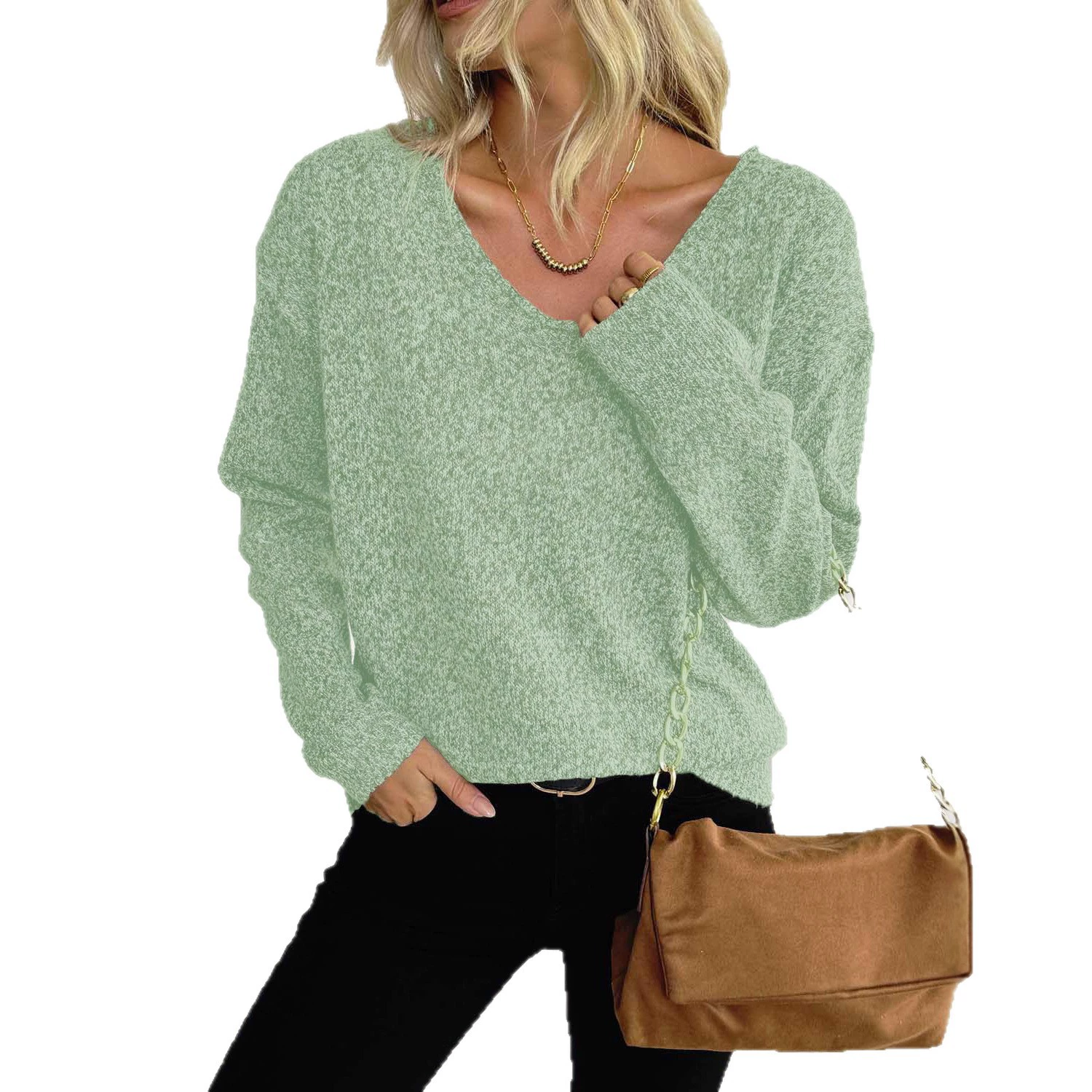 Women's V-Neck Long Sleeve Knit Pullover Sweater view 5