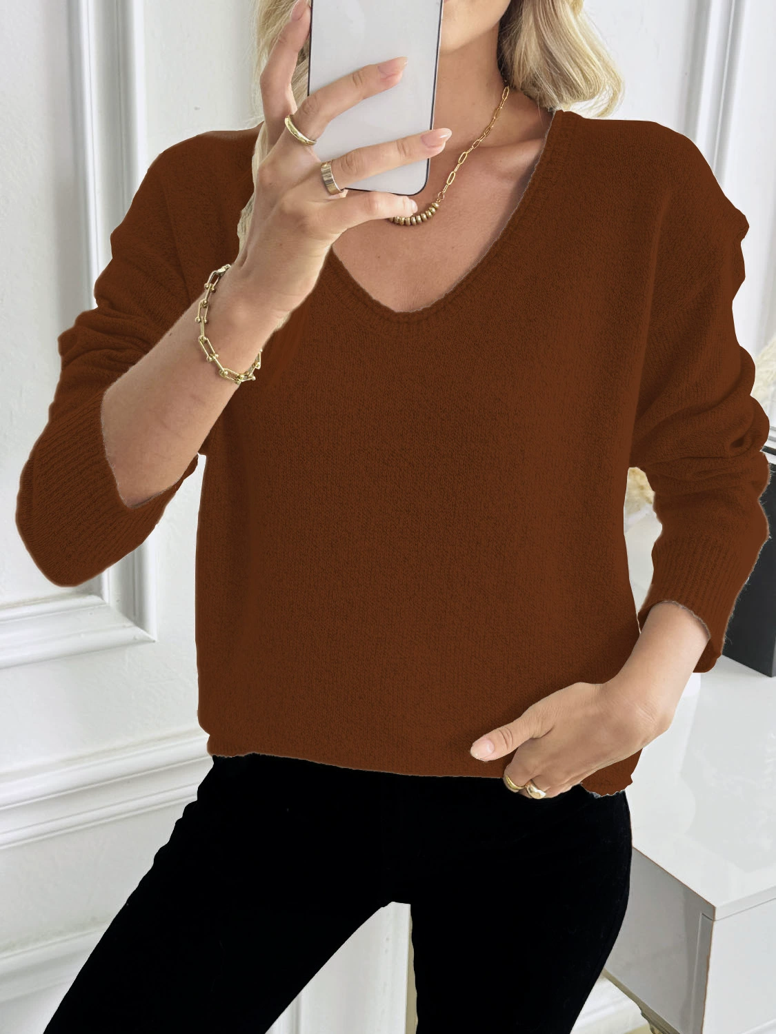 Women's V-Neck Long Sleeve Knit Pullover Sweater view 9