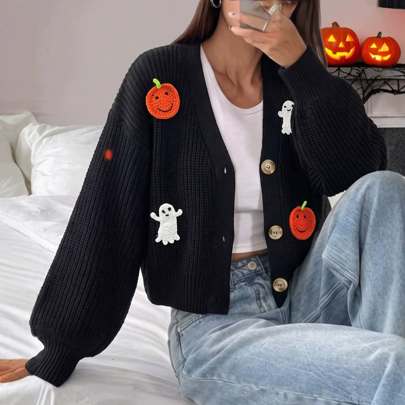 V-Neck Button-Up Cropped Cardigan