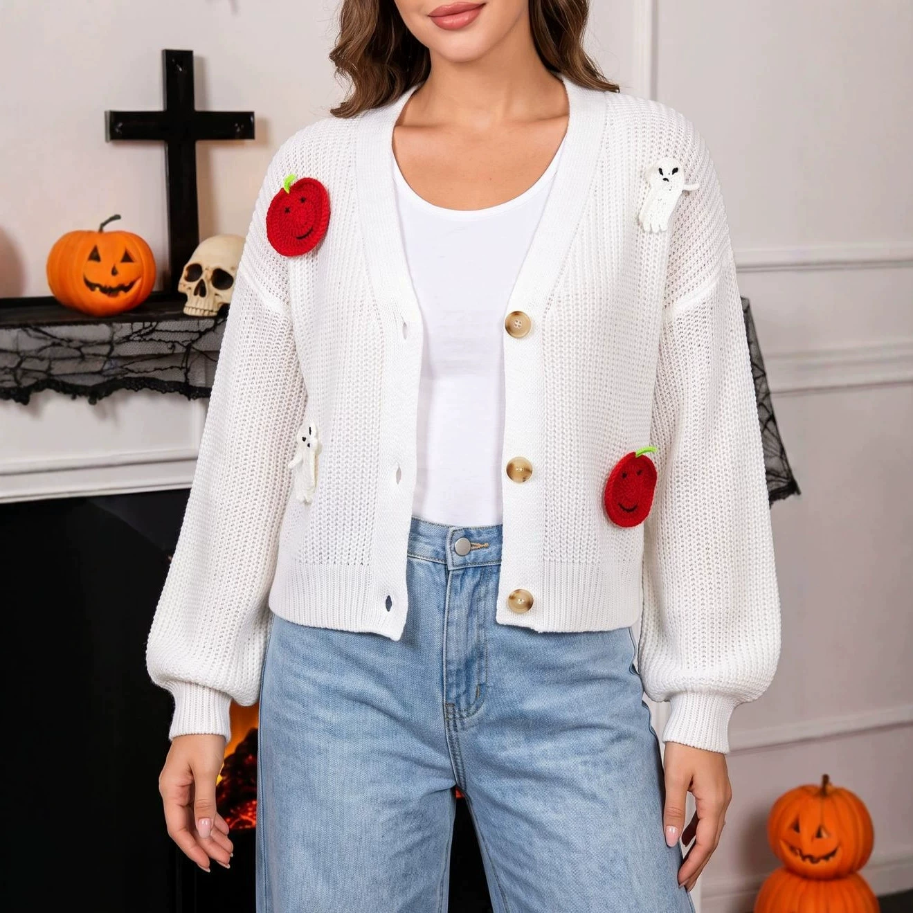 V-Neck Button-Up Cropped Cardigan