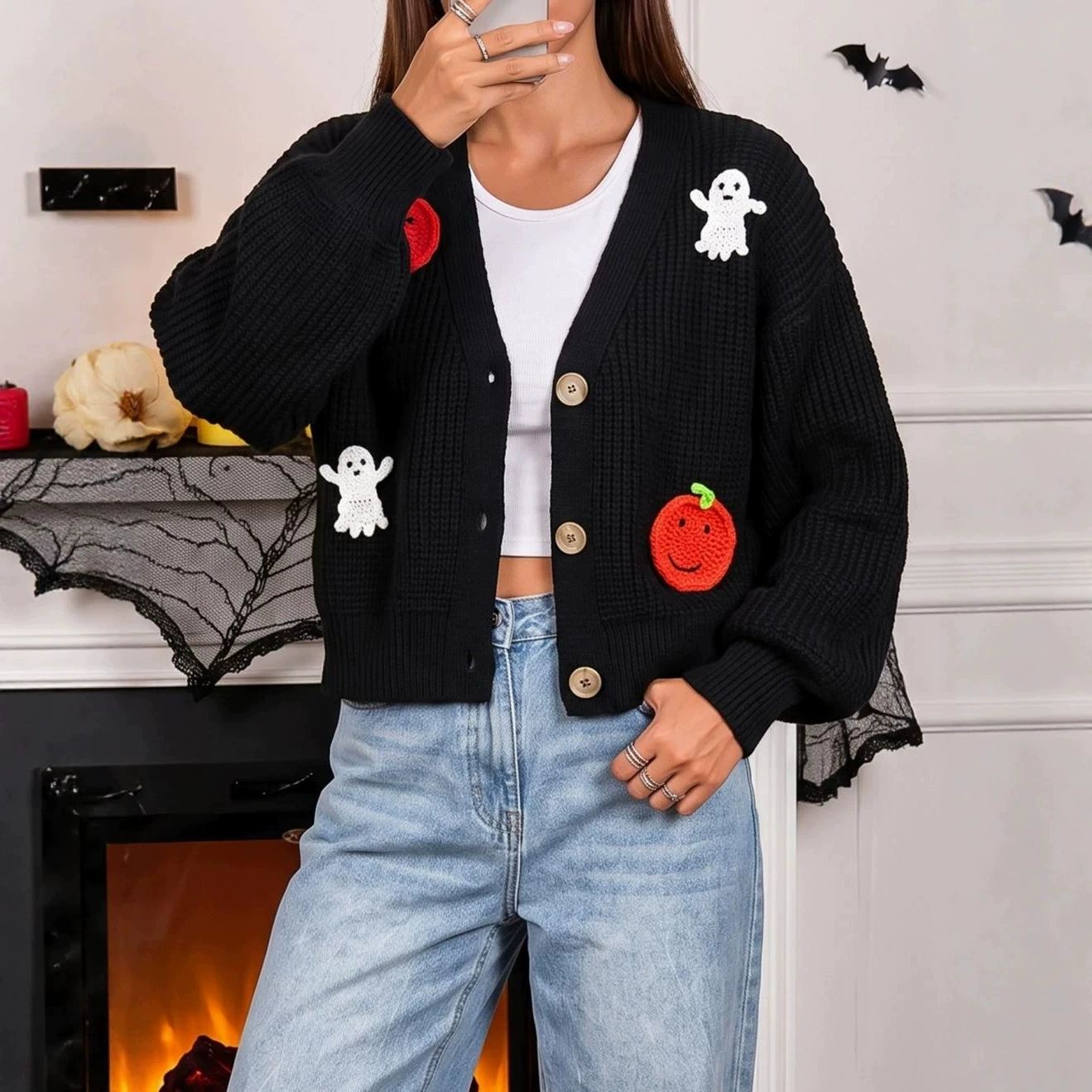 V-Neck Button-Up Cropped Cardigan view 3