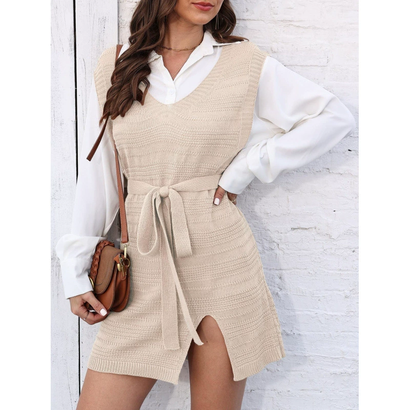 V-Neck Sleeveless Knit Vest Dress with Belt and Side Slit view 10