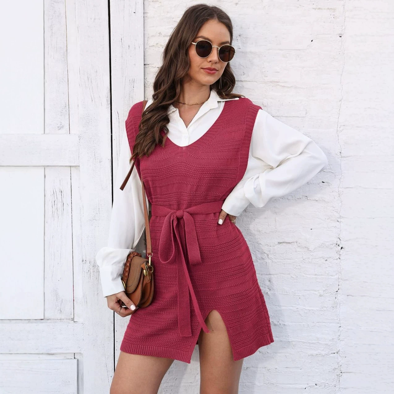 V-Neck Sleeveless Knit Vest Dress with Belt and Side Slit view 4