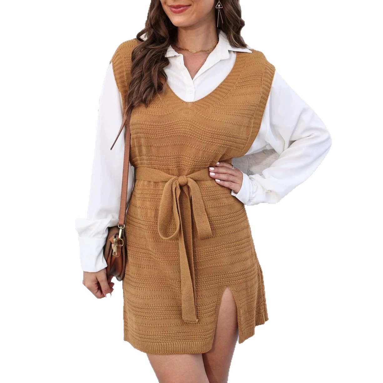 V-Neck Sleeveless Knit Vest Dress with Belt and Side Slit view 5