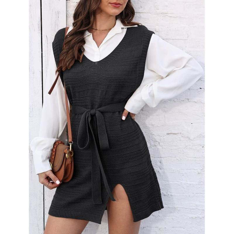 V-Neck Sleeveless Knit Vest Dress with Belt and Side Slit view 6