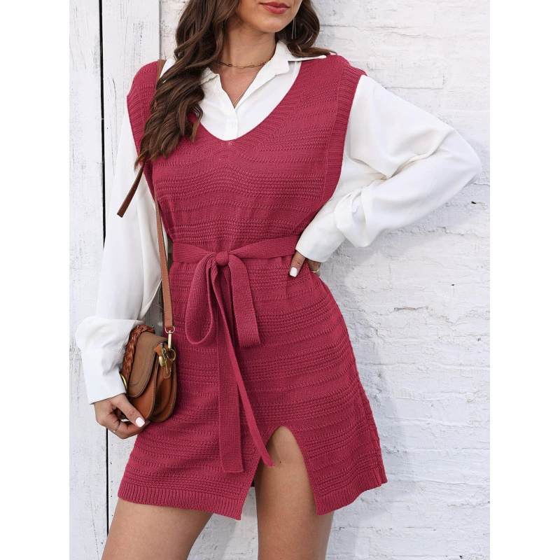 V-Neck Sleeveless Knit Vest Dress with Belt and Side Slit view 7