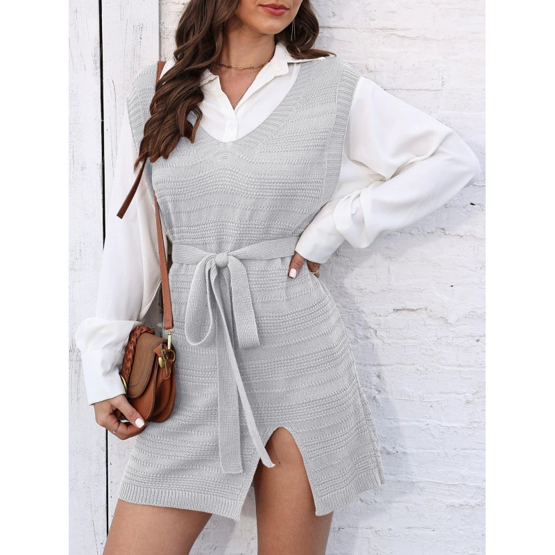 V-Neck Sleeveless Knit Vest Dress with Belt and Side Slit view 9