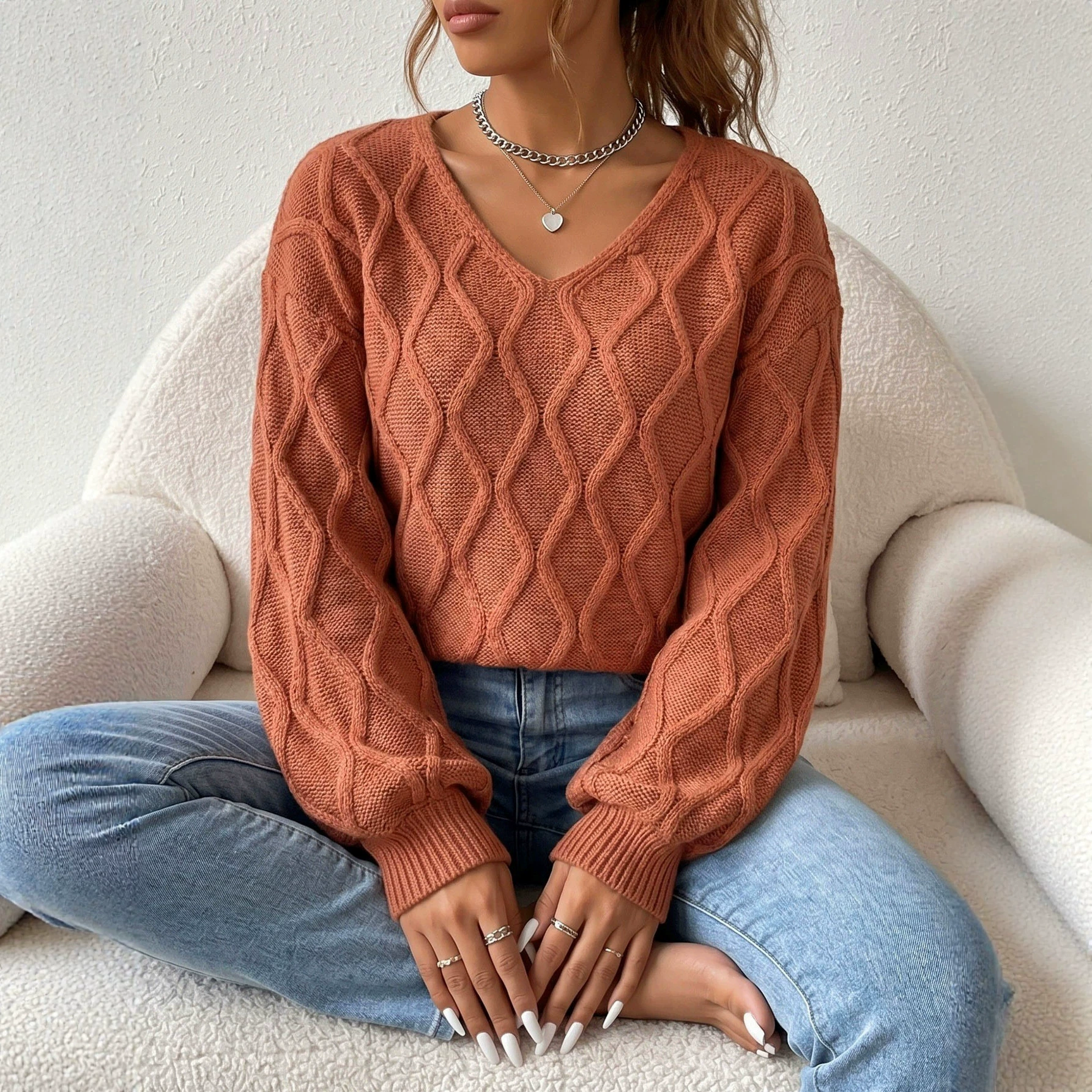 Women's V-Neck Long Sleeve Pullover Sweater view 4