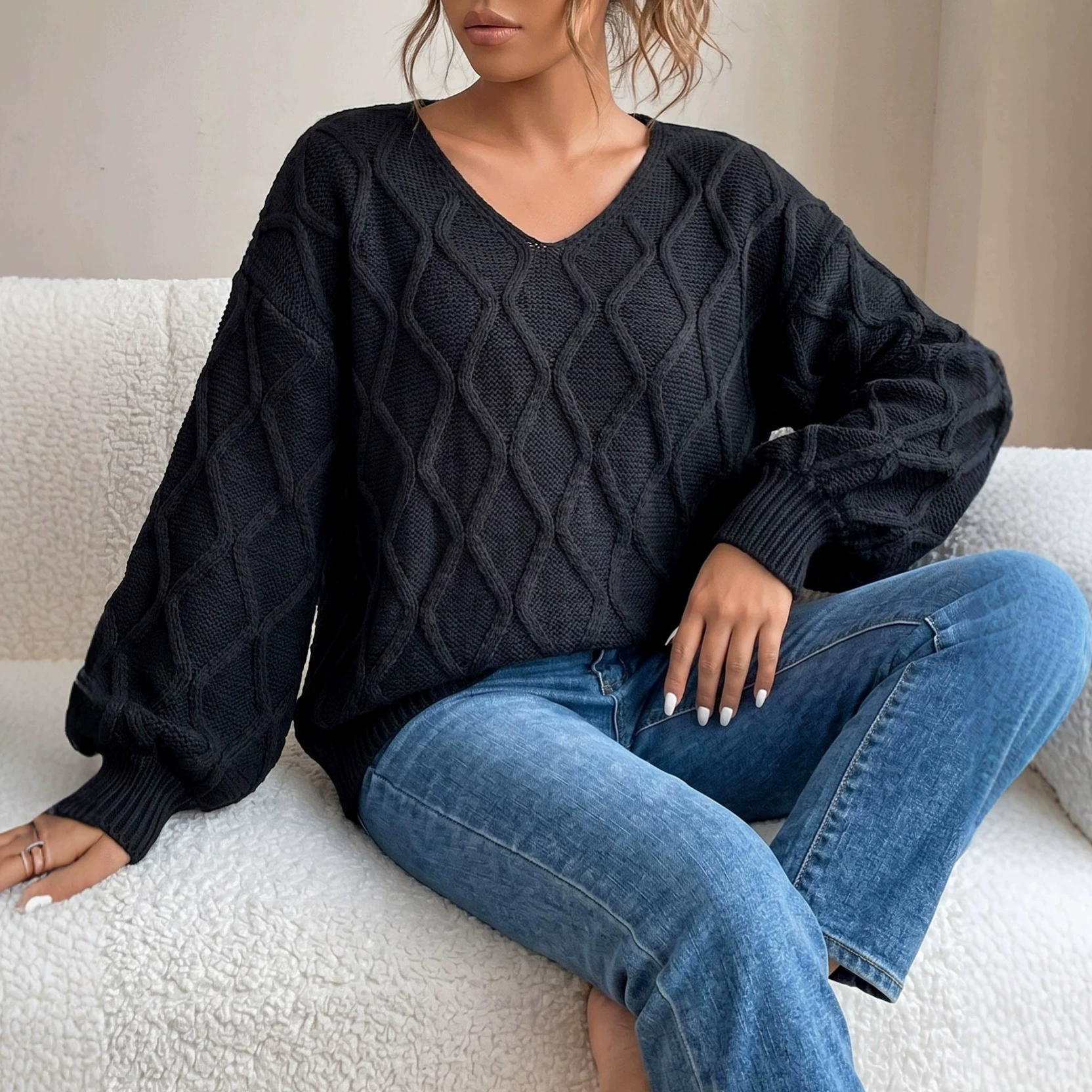 Women's V-Neck Long Sleeve Pullover Sweater view 6