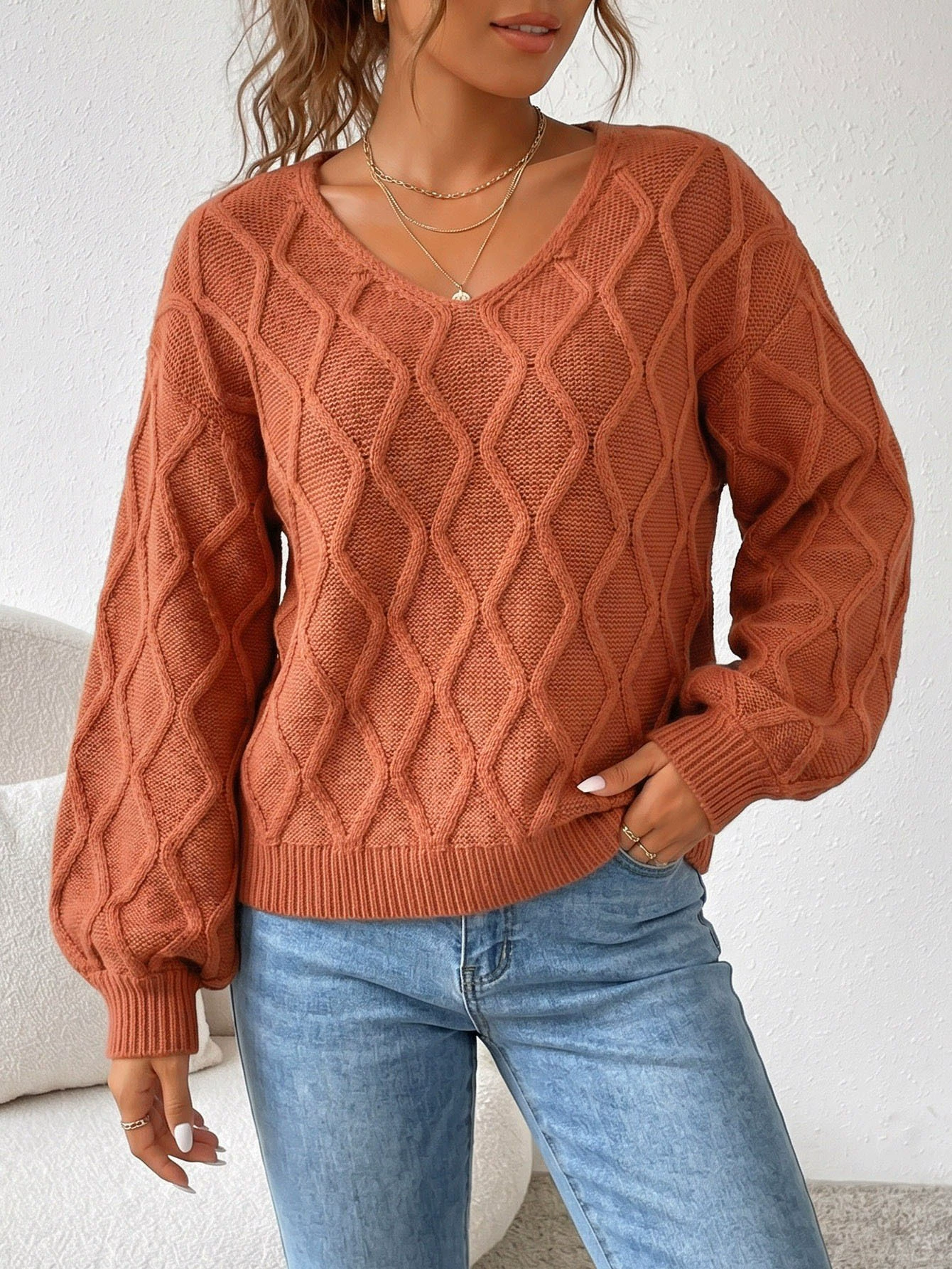 Women's V-Neck Long Sleeve Pullover Sweater view 7