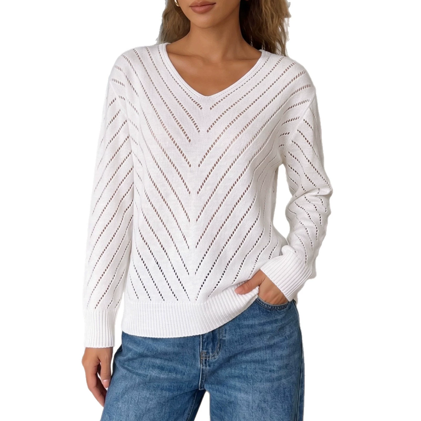 V-Neck Long Sleeve Knit Pullover Sweater view 5