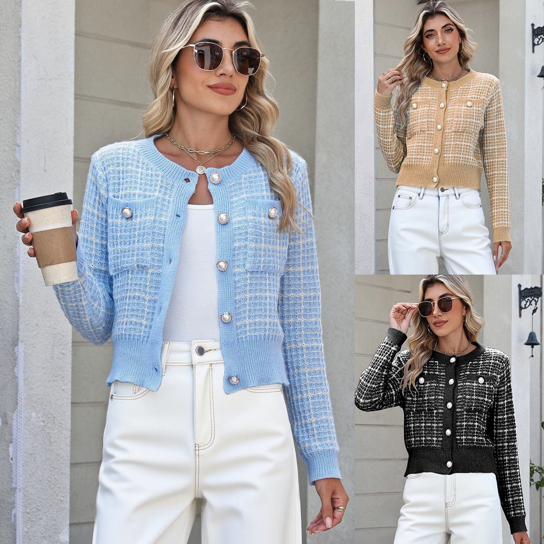Women’s Button-Front Cropped Cardigan with Chest Pockets