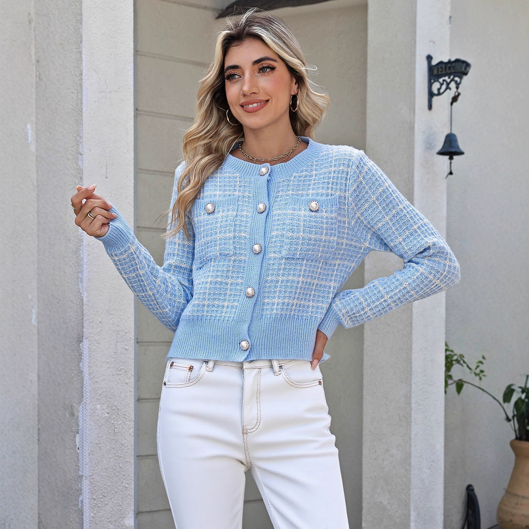 Women's Button-Front Cropped Cardigan with Chest Pockets view 4