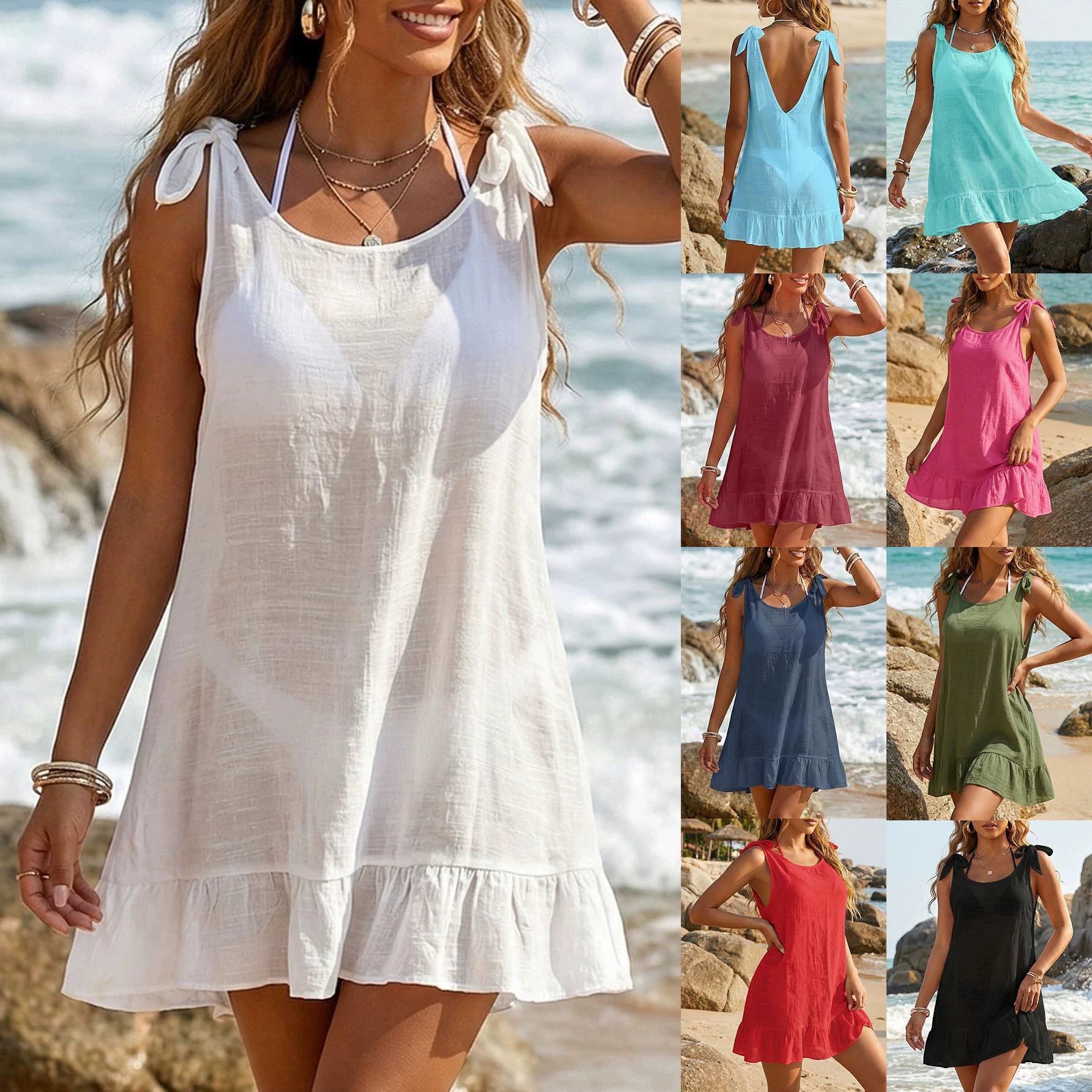 Tie-Shoulder Ruffle Hem Beach Dress