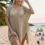 Women's V-Neck Crochet Beach Cover-Up Dress with Side Ties