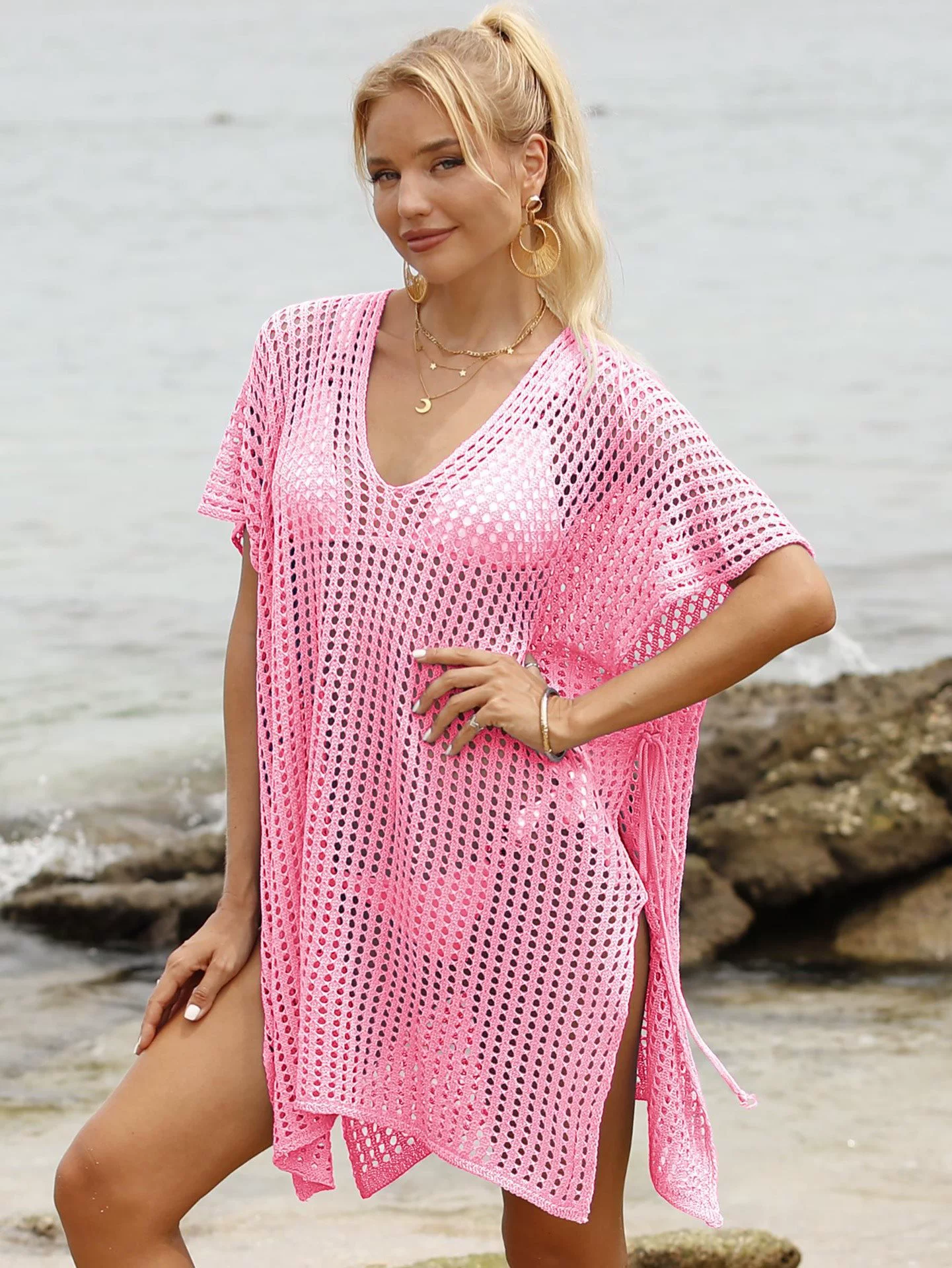Women's V-Neck Crochet Beach Cover-Up Dress with Side Ties view 14