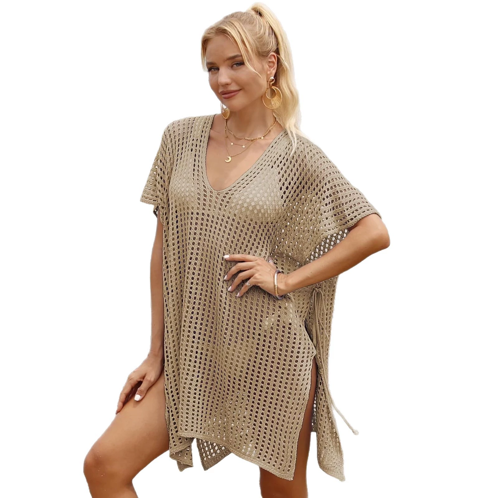 Women's V-Neck Crochet Beach Cover-Up Dress with Side Ties view 5
