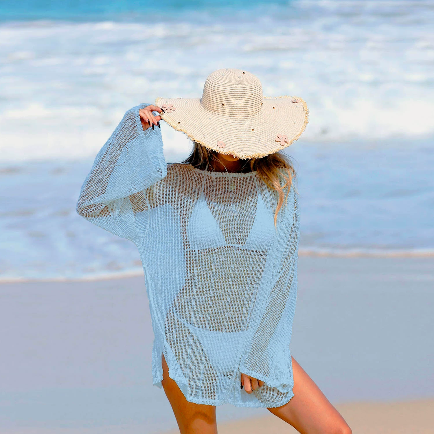 Long-Sleeved Boat Neck Beach Cover-Up with Side Slits