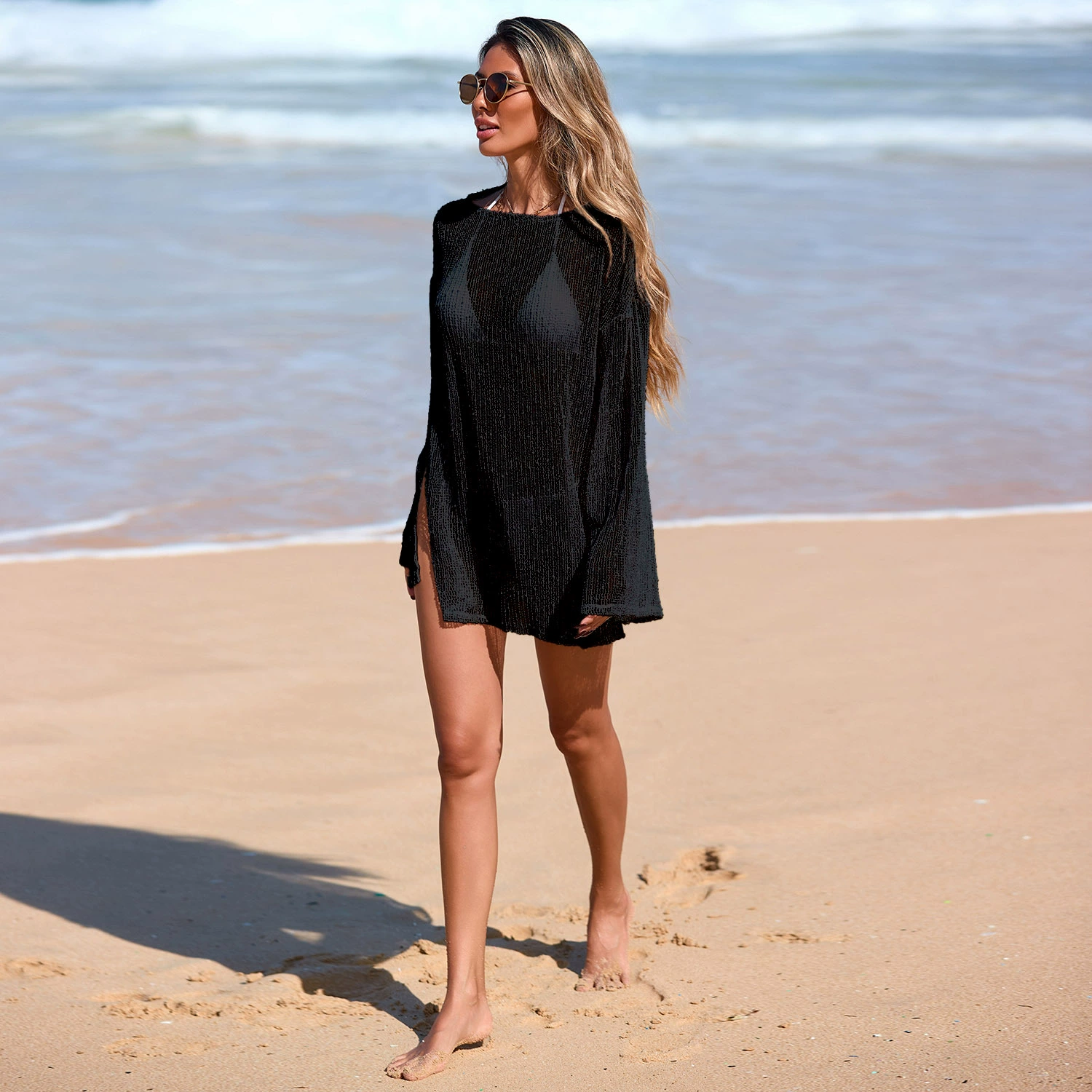 Long-Sleeved Boat Neck Beach Cover-Up with Side Slits view 4