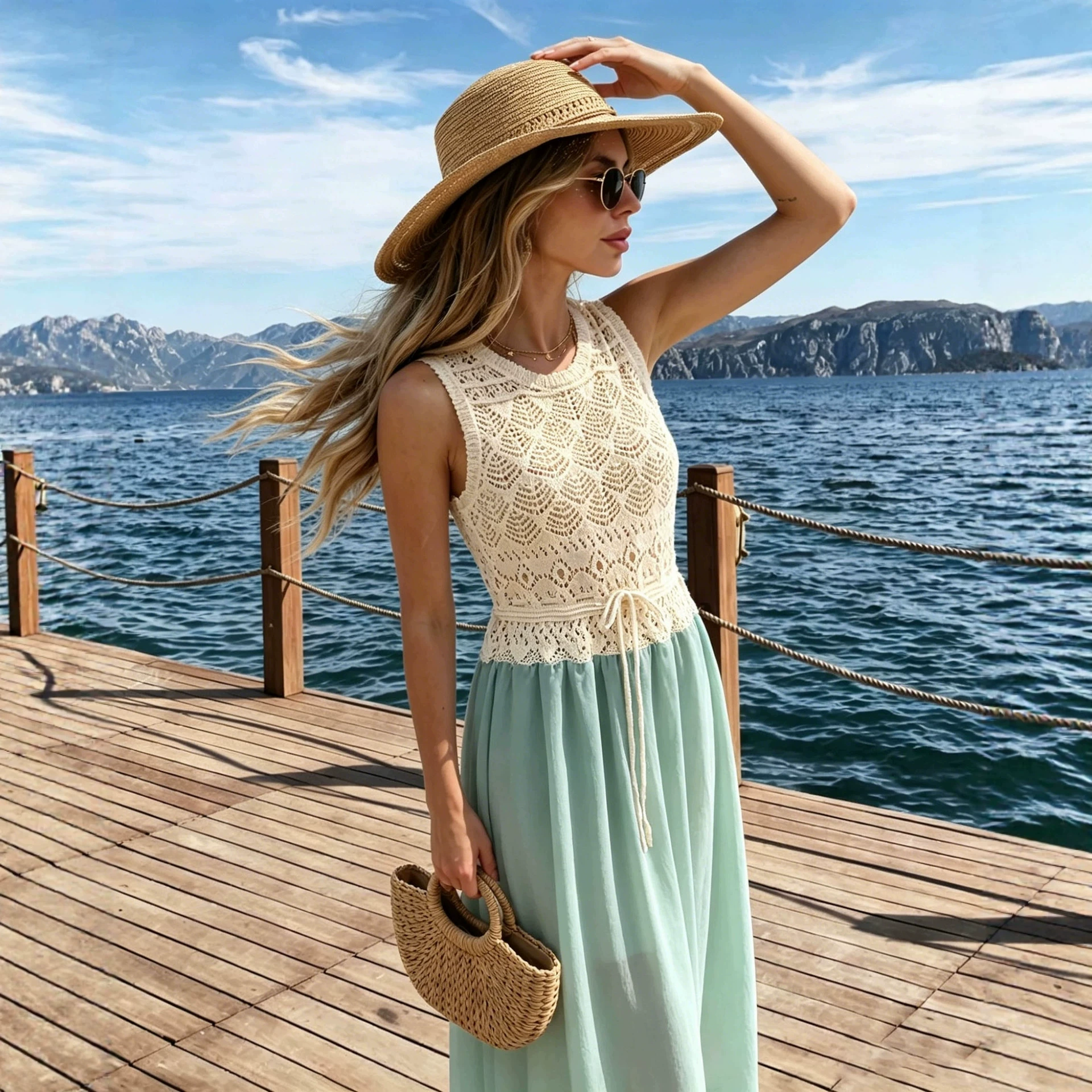 Sleeveless Crochet Top Chiffon Skirt Maxi Dress